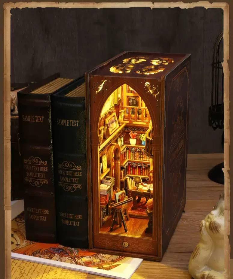 Books Library Book Nook - Eternal Bookstore Book Nook - DIY Book Nook Kits Book Shelf Insert Book Shop Bookends with LED Model Building Kit