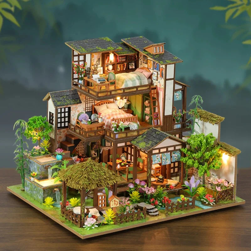 Bamboo Spring Courtyard Casa Miniature Building Kits Dollhouse With Furniture Big Villa Crafts Gifts