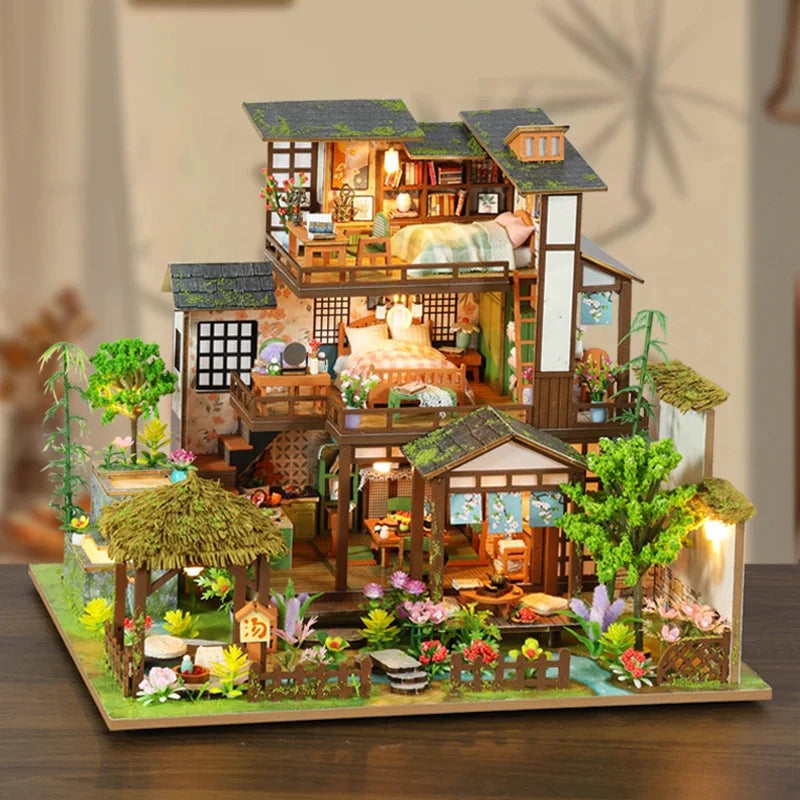 Bamboo Spring Courtyard Casa Miniature Building Kits Dollhouse With Furniture Big Villa Crafts Gifts