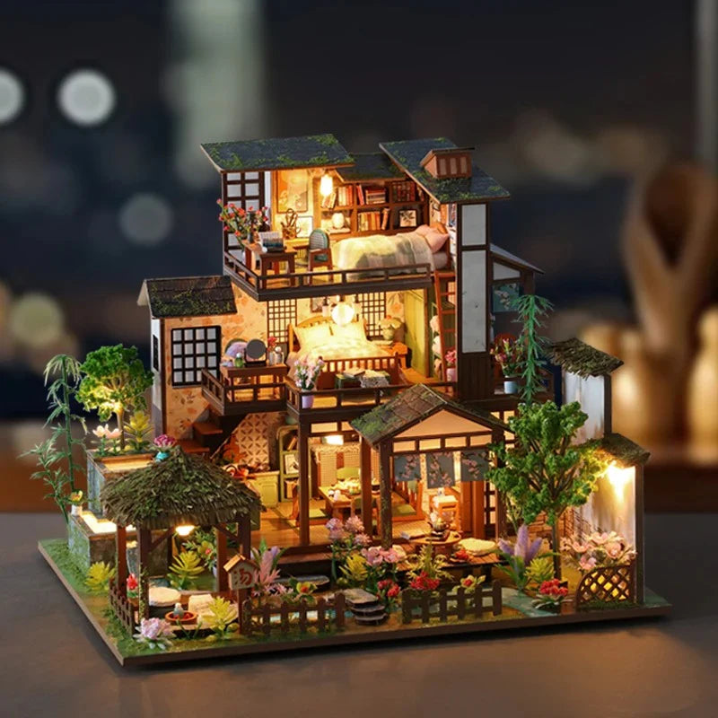 Bamboo Spring Courtyard Casa Miniature Building Kits Dollhouse With Furniture Big Villa Crafts Gifts