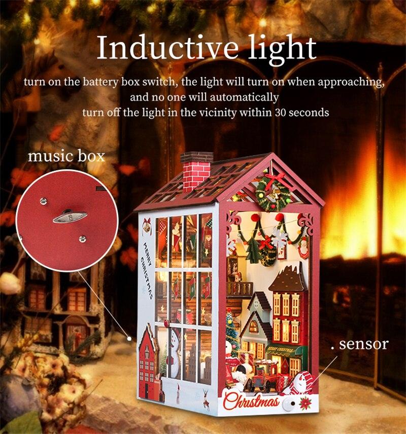 Christmas Book Nook DIY Book Nook Kits Shelf Insert Kit Miniature Building Kits Santa Claus's Room Bookshelf with Light Bookends Gifts