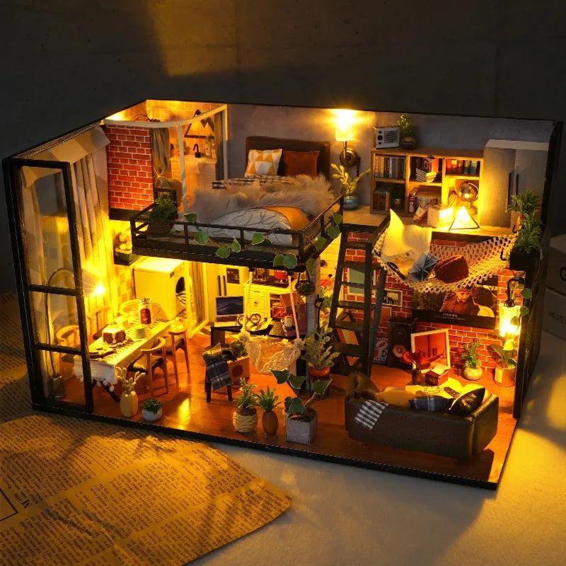 Duplex Apartment Miniature Dollhouse Kit Vacation Living Cozy House Miniatures