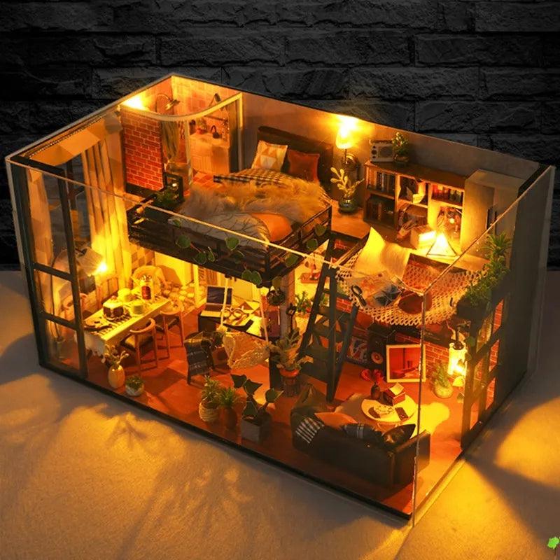 Duplex Apartment Miniature Dollhouse Kit Vacation Living Cozy House Miniatures